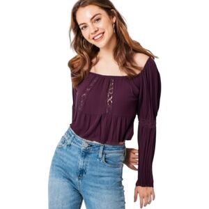 ALTAR'D STATE  Burgundy Long Sleeve Blouse With Lace and Shirring Detail SZ L‎